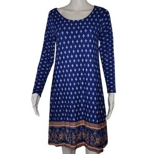Loveappella Blue Patterned‎ Long Sleeve Criss Cross Open Back Dress
